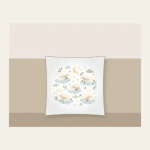 Sleepy Sheep and Clouds Pillow in white: Small clouds and sleeping sheep in cream, pale blue and sage on a light field.