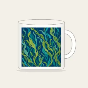 Swaying Kelp Ribbons on Deep Blue Mug in white: Long kelp ribbons in green and teal sway across a deep blue background.