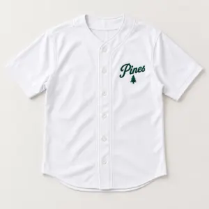 Pines Embroidered Baseball Jersey with compact forest green embroidered script "Pines" with a tiny pine underneath at left chest, clear of the button placket