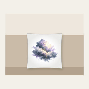Storm Clouds with Gold Lightning Pillow in white: Gentle storm clouds in slate, lavender and cream, split by one thin gold lightning line.