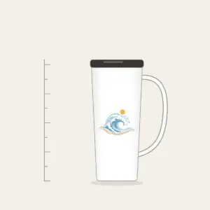 Curling Wave and Little Sun Tumbler with Handle in white: A curling wave in white, pale blue and sand with a small sun disc above.