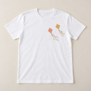Paper Kite Line Classic Tee with compact front chest panel print of two paper kites with ribbon tails on a thin line in coral, mustard and sky blue