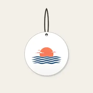 Rising Sun over a Navy Horizon Ceramic Ornament in white: Navy horizon lines meet a small warm coral sun, with a few tiny white clouds.