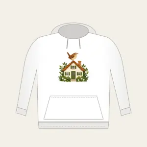 Wren on the Rooftop Hoodie in white: A small house with a wren on its roof in warm brown, cream and green.