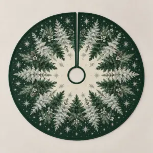 Pine Frost Christmas Tree Skirt with radial ring of pines and frost stars in forest green, cream and silver