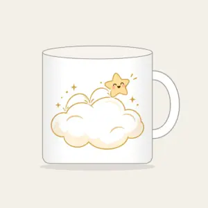 Little Star Hopping on a Cloud Mug in white: A little star hops across a cloud in white, cream and gold.
