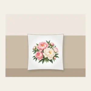 Blush and White Peonies Pillow in white: Peonies in blush and white with green leaves on a cream base.