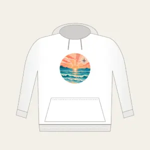 Coastal Sunrise Bands with a Compass Rose Hoodie in white: Bands of peach, coral and teal show a coastal sunrise, with tiny waves and a small compass rose.
