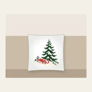 Red Sled on a Snowy Hill Pillow in white: A small red sled on a snowy hill beside a tall pine in cream, red and green.