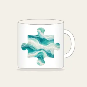 Sea-Glass Teal Abstract Waves Mug in white: Abstract waves in sea-glass teal, aqua and frosted white with a fine sand speckle.