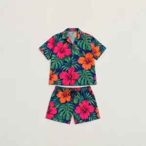 Dusk Hibiscus Hawaiian Set with large hibiscus flowers and monstera leaves in magenta, orange and deep green on a navy base