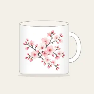 Cherry Blossom Branches on Grey Mug in white: Cherry blossom branches in pale rose and white bloom on a muted grey background.