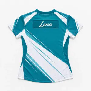 Teal Panel Women's Jersey with Name Patch with teal and white diagonal panels with a upper-back name patch showing the exact text "Lena" in white script