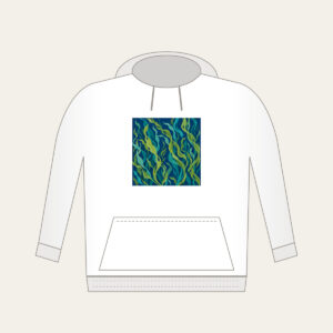 Swaying Kelp Ribbons on Deep Blue Hoodie in white: Long kelp ribbons in green and teal sway across a deep blue background.