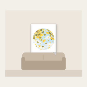 Falling Ginkgo Leaves Fleece Blanket in white: Ginkgo leaves drift down in butter yellow and olive across a pale, pastel sky.