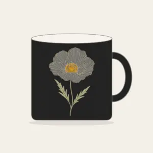 Single Line-Art Poppy Mug in black: A cream line-art poppy with two thin leaves and a small ochre center.