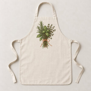 Herb Garden Bistro Apron with compact bib-area illustration of a bundle of rosemary, basil and thyme tied with string in green, cream and terracotta, flat printed