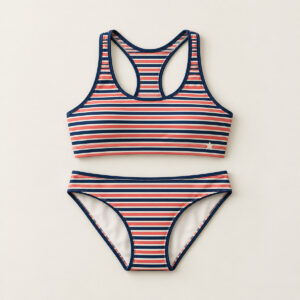 Sporty Stripe Tank Bikini with all-over narrow stripes in navy, coral and cream with a tiny star near the hem