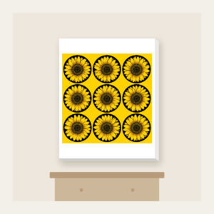 Nine Sunflowers in a Yellow Grid Canvas Print in white: A neat three-by-three grid of nine sunflower circles in black and golden lines on a yellow ground.