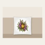 Lantern Among Foxgloves and Ferns Pillow in white: A suspended lantern glows amber among violet foxgloves and green fern leaves on a pale stone ground.