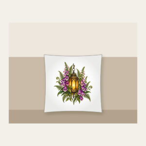 Lantern Among Foxgloves and Ferns Pillow in white: A suspended lantern glows amber among violet foxgloves and green fern leaves on a pale stone ground.