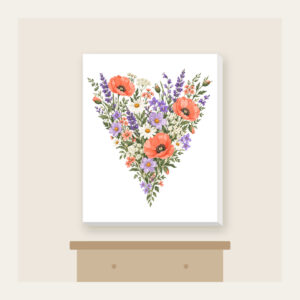 Wildflower Meadow in Coral and Lilac Canvas Print in white: A single tall wildflower meadow in coral, lilac, green and cream narrows to a point at the lower edge.