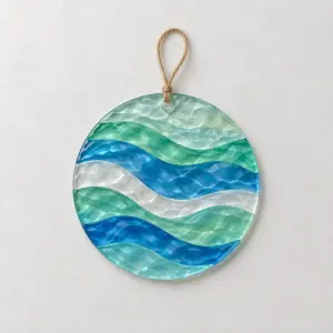 Sea Glass Wave Suncatcher with rows of wave shapes in sea-glass green, blue and frosted white