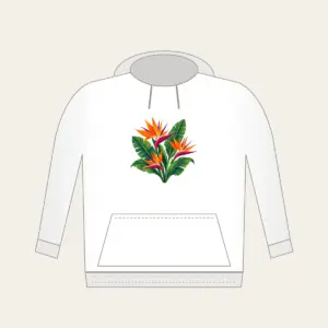 Bird of Paradise and Banana Leaves Hoodie in white: Orange and magenta bird of paradise flowers with banana leaves stand on cream.
