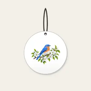 Bluebird on Blossoming Branch Ceramic Ornament in white: A bluebird perches on a blossoming branch in blue, white and green.
