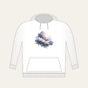 Storm Clouds with Gold Lightning Hoodie in white: Gentle storm clouds in slate, lavender and cream, split by one thin gold lightning line.