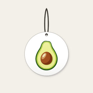 Halved Avocado Study Ceramic Ornament in white: An avocado cut open in leaf green, with a warm brown pit and a pale cream highlight.