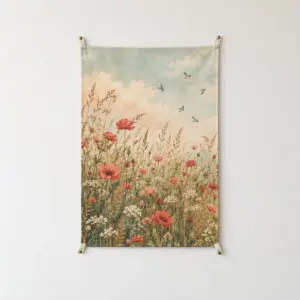 Linen Meadow Tapestry with tall meadow of grasses and poppies layered under a soft sky with small birds in cream, coral and green