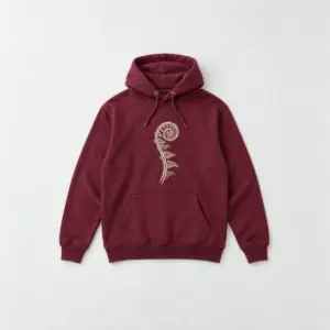 Fiddlehead Spiral Hoodie with chest print of a single fiddlehead fern unrolling in cream line art