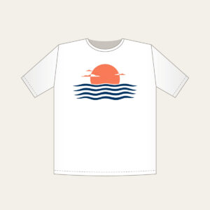 Rising Sun over a Navy Horizon T-Shirt in white: Navy horizon lines meet a small warm coral sun, with a few tiny white clouds.
