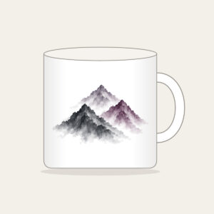 Three Overlapping Mountain Peaks Mug in white: Three overlapping mountain peaks in charcoal grey and muted plum, painted in a restrained brush style.