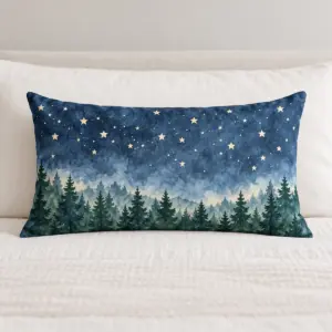 Quiet Pines Bedding Pillow Case with allover band of pine silhouettes along the lower edge and a drift of tiny stars across the top in slate, forest green and cream