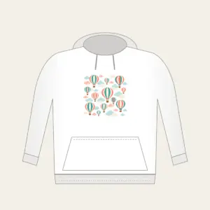 Striped Hot Air Balloons in the Clouds Hoodie in white: Striped hot air balloons drift through clouds in coral, teal and cream.