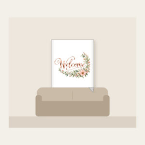 Rose Gold Welcome Wildflower Garland Fleece Blanket in white: The word “Welcome” in rose gold mirror lettering, with a blush and sage wildflower garland curling into one corner.