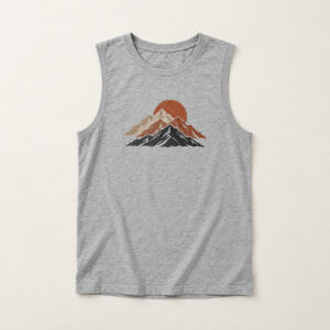 Heather Grey Summit Muscle Tank with compact front chest panel print of three stacked mountain peaks with a half-sun rising behind in black, rust and sand