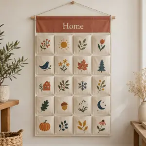 Hanging pocket organizer with illustrated pockets in muted autumn colours