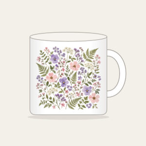 Pressed Posies and Ferns Mug in white: Pressed-flower posies and ferns in lilac, blush and sage arranged all over a cream ground.