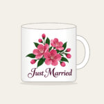Cherry Blossoms and Just Married Wording Mug in white: A cluster of cherry blossoms in deep rose pink and dark green, with the words “Just Married” in dark plum below.