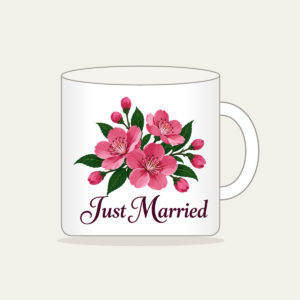 Cherry Blossoms and Just Married Wording Mug in white: A cluster of cherry blossoms in deep rose pink and dark green, with the words “Just Married” in dark plum below.