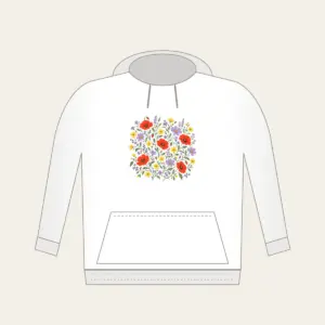 Wildflower Scatter on Sage Hoodie in white: Wildflowers in lavender, poppy red and butter yellow scatter over a sage ground.