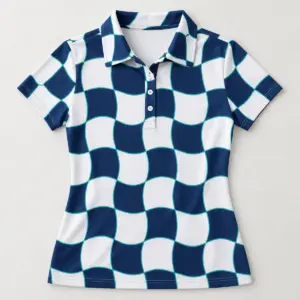 Wave Check Lightweight Polo with a wave-edged check in white and navy with a thin teal line