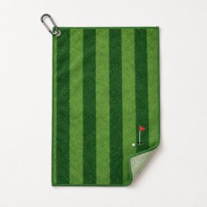 Fairway Stripe Golf Towel with alternating mown-stripe bands in two greens with a small flag and ball in one corner