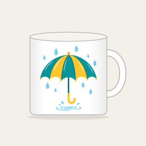 Teal Umbrella and Raindrop Ripple Mug in white: An open teal and yellow umbrella with small raindrops and a tiny puddle ripple.