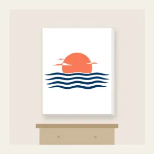 Rising Sun over a Navy Horizon Canvas Print in white: Navy horizon lines meet a small warm coral sun, with a few tiny white clouds.
