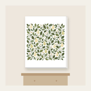 Pear and Leaf Mosaic Canvas Print in white: Leaves and tiny pears form a mosaic in sage, olive and cream.