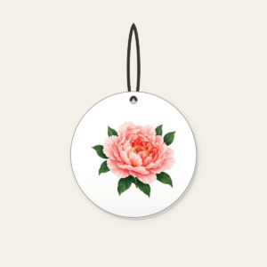 Full-Blown Peony with Green Leaves Ceramic Ornament in white: A full-blown peony in blush and coral with deep green leaves.
